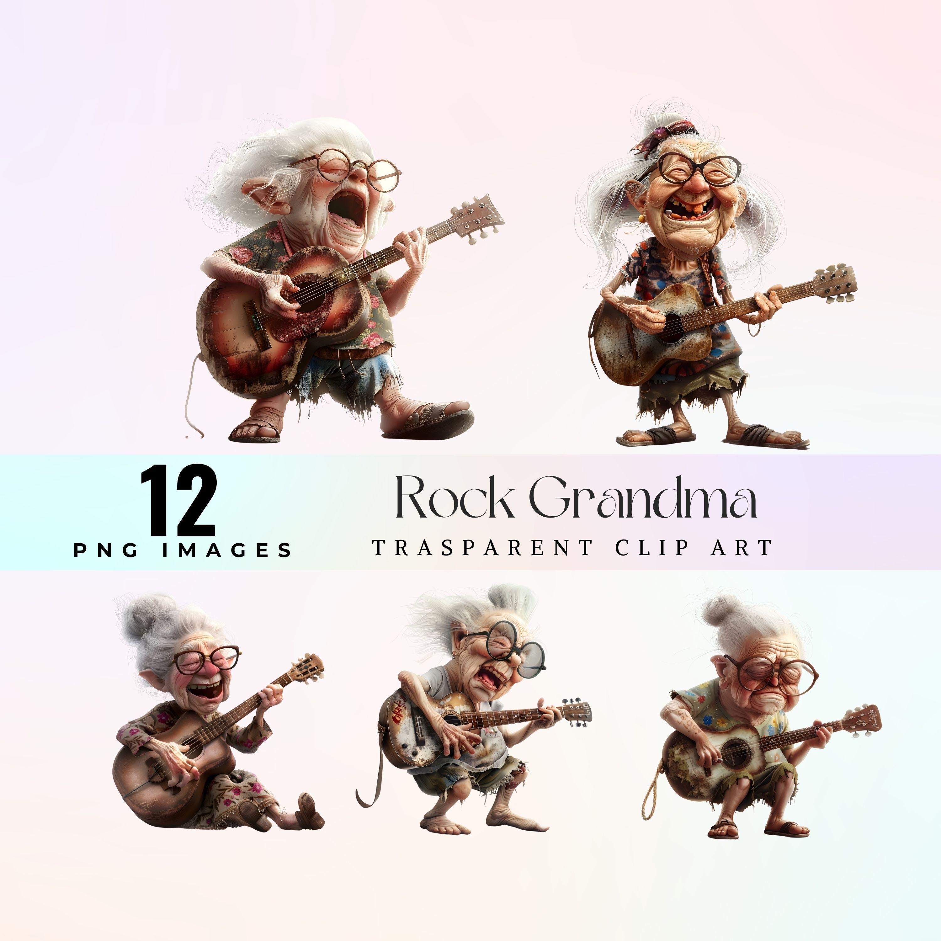 Whimsical Grandma Musician Clip Art: Funny Granny Guitar PNG
