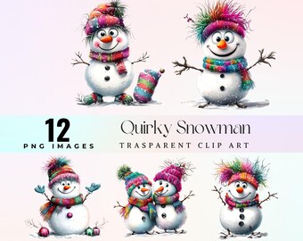 Quirky Christmas Snowman Clip Art: Cheerful PNG Graphics (Digital Download)