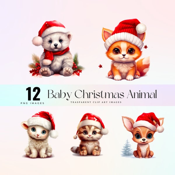 Baby Christmas animal clip art, watercolor Christmas tiny baby animals PNG, infant holiday critters, adorable festive babies 300 DPI