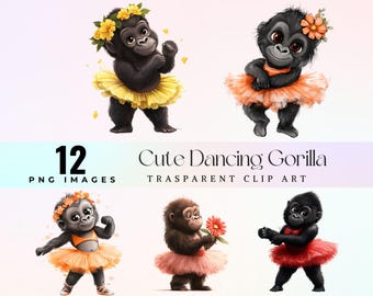 Ballerina Gorilla Clipart, Jungle Animal Illustration (Digital Download)