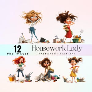 Bored housework Lady Clip art, frazzled woman swamped with home responsibilities illustration png, funny cartoon daily chores graphic art