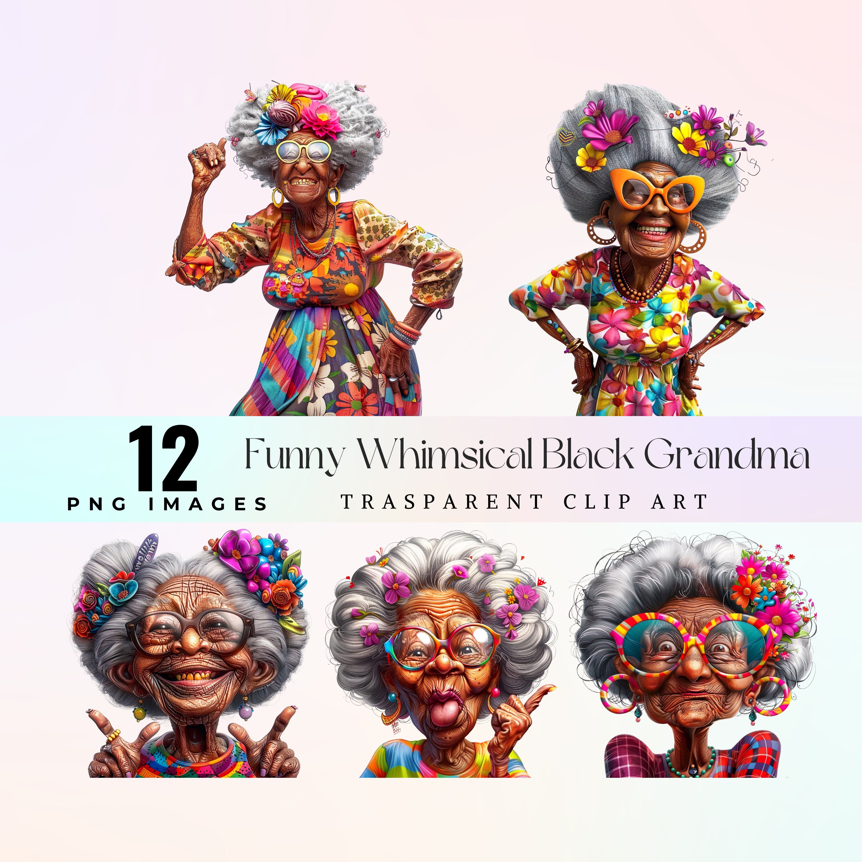 Cute Whimsical Black Grandma Clip Art, Hilarious Cartoon Granny