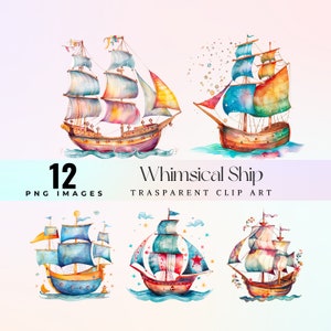 Clipart de bateau lunatique, illustration PNG de bateau fantastique d'aquarelle, art graphique de voilier de dessin animé rêveur, oeuvre d'art de bateau originale 300 DPI