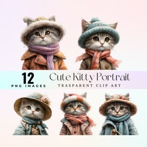 Akvarell kattungeporträtt Clipart, illustration av ullkattunge (PNG)