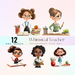 Clipart lunatique de professeur, Illustration d'éducateur de dessin animé mignon, graphique de la rentrée, Art numérique pour décoration de salle de classe imprimable