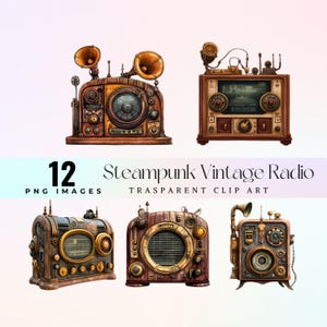 Cute Steampunk radio clip art, retro steamy audio device illustration PNG, cartoon antique sound machine graphic art, Vintage radio clip art