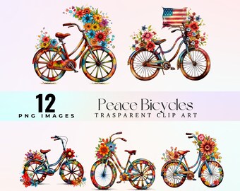 Watercolor Peace Bicycle Clipart: Floral Bike Art (PNG, 300 DPI)