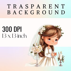 May include: A digital illustration of a young girl in a white dress and veil, holding a candle. She has brown hair and is wearing a flower crown. The background is a soft gradient of pink, blue, and purple.