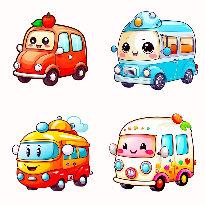 Funny Kawaii Vehicle Clip Art, Watercolor Adorable Kawaii Trucks PNG