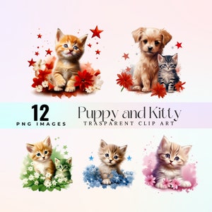 Winzige Hunde und Katzen Freunde Clip Art, florale PNG Illustrationen, blühende flauschige kleine Katzen Grafik Kunst, Dekoration für Tierliebhaber