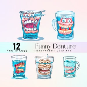 May include: A set of 12 digital clip art images featuring funny cartoon dentures in glasses of water. The dentures have different expressions, including smiling, frowning, and surprised. The images are perfect for adding a humorous touch to your designs.