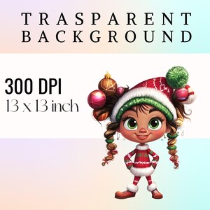 Puede incluir: Una ilustraci&oacute;n digital de una ni&ntilde;a con un atuendo navide&ntilde;o rojo y verde, un gorro de Pap&aacute; Noel y sosteniendo adornos. El fondo es un degradado de rosa, azul y morado.