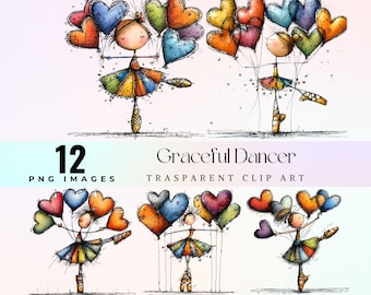 Whimsical Girl Dancer Clipart with Heart Balloons, Colorful Child Illustration, Journaling Scrapbooking Craft PNG