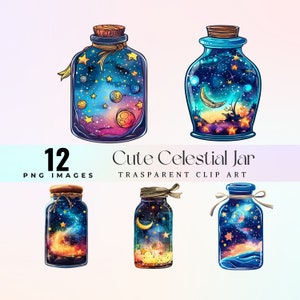 Schattige hemelse pot illustraties, aquarel grillige kosmische pot illustratie PNG, cartoon grappige hemel glazen container grafische kunst, galaxy jar kunst