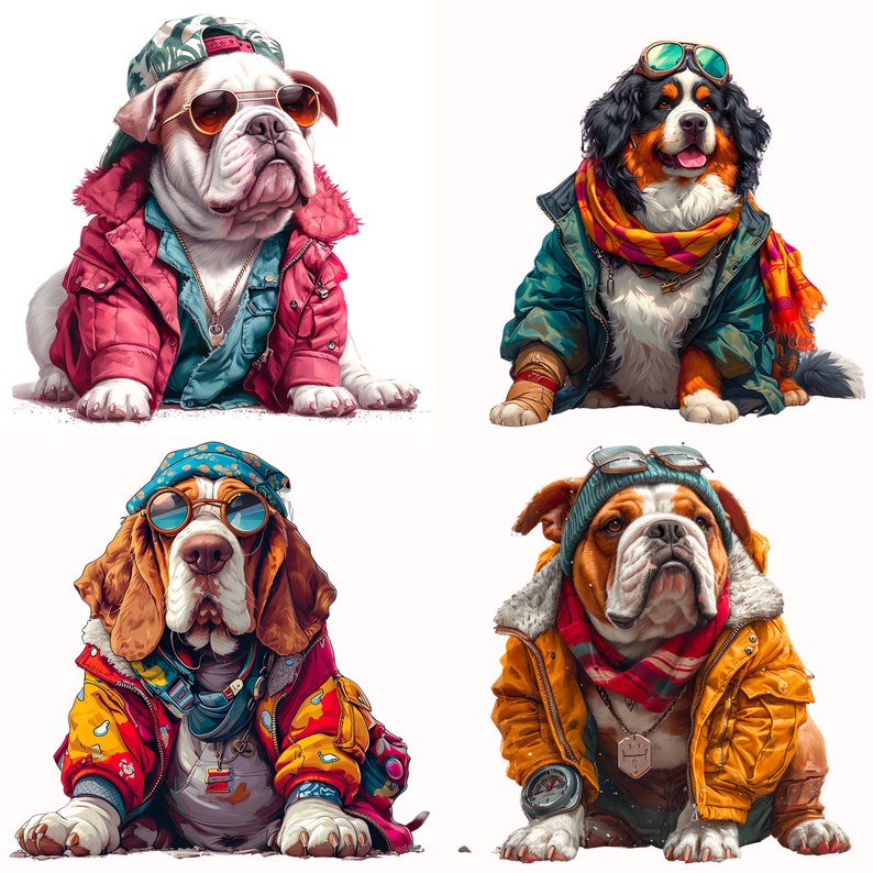 May include: Four dogs wearing colorful winter jackets and sunglasses. The dogs are a bulldog, a Bernese Mountain Dog, a basset hound, and another bulldog.