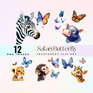Niedliches Baby Safari Porträt Clip Art, Aquarell süßes kleines Dschungelhaustier, das einen Schmetterling beobachtet Illustration PNG, niedliche Wildtier Natur Kunstwerk