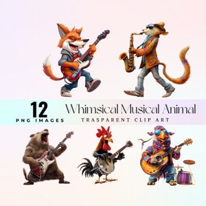 Imágenes prediseñadas de animales musicales caprichosas, ilustraciones de criaturas de guitarra de tambor feliz de acuarela PNG, arte gráfico de fauna musical hilarante de dibujos animados