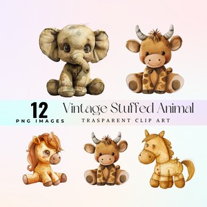 Süße Vintage Stofftier ClipArt, Aquarell süße alte Spielzeuge Illustration PNG, Cartoon nostalgische flauschige Tiere Grafikkunst 300 DPI