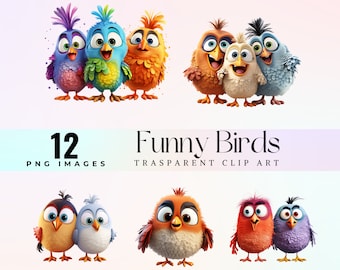 Funny Birds Clip Art: Watercolor Cartoon PNG Images (300 DPI)
