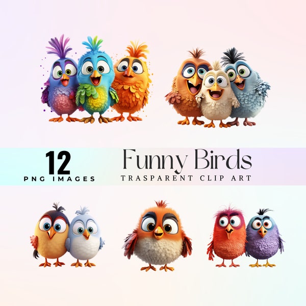 Funny Birds clip art, watercolor Happy fowl image PNG, cartoon bird character png, cute friendly Birds images 300 DPI