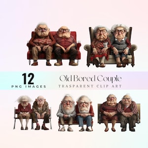 Clipart drôle de vieux couple, dessin animé de personnes âgées grincheuses, clipart Couple de personnes âgées, vintage grand-père grand-mère PNG, art graphique joyeux grands-parents