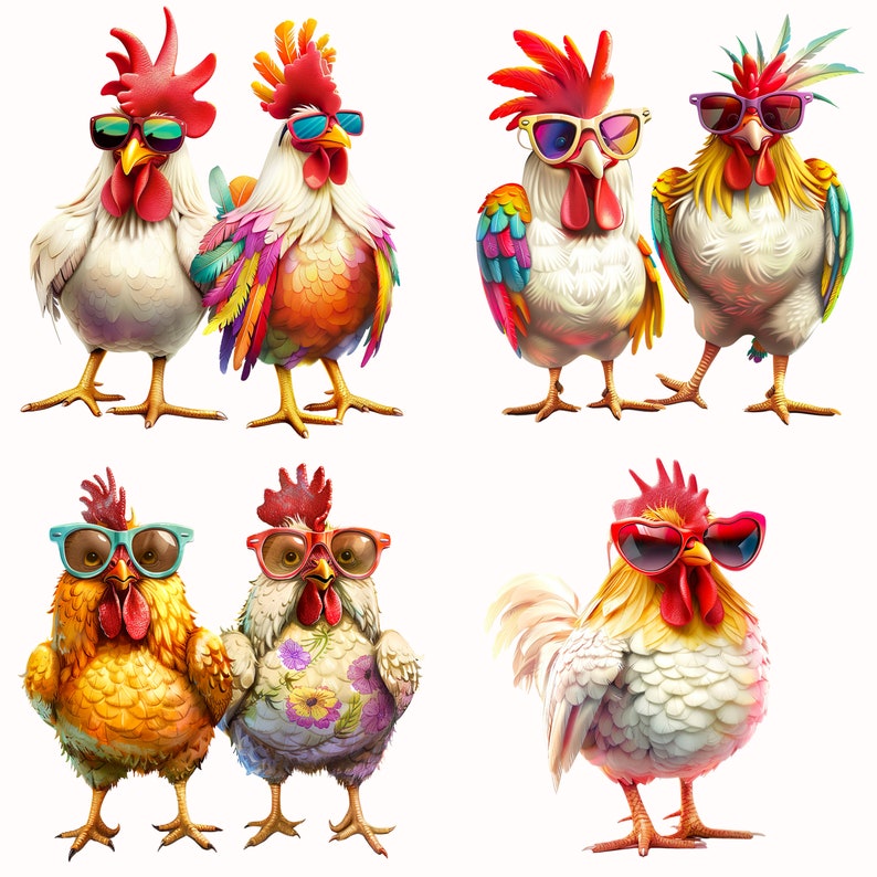 Funny Chickens Clip Art, Watercolor Hilarious Hens Illustration PNG