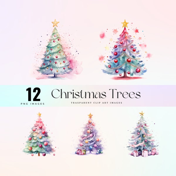 Christmas pastel trees clip art, watercolor holiday pastel trees PNG, soft toned festive graphic art 300 DPI, pastel tree artwork