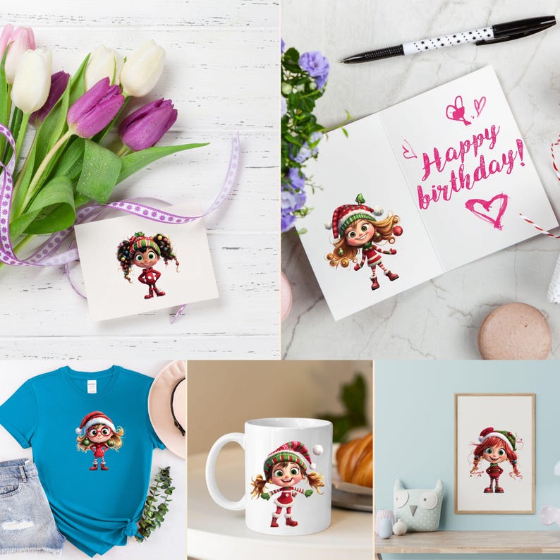 Puede incluir: Un conjunto de productos personalizados con una ni&ntilde;a de dibujos animados de pelo rojo que lleva un gorro de Pap&aacute; Noel y un vestido rojo y blanco. Los productos incluyen una camiseta, una taza, una tarjeta de felicitaci&oacute;n y una impresi&oacute;n. La ni&ntilde;a lleva una bola de nieve en la mano derecha. La tarjeta de felicitaci&oacute;n tiene el texto "&iexcl;Feliz cumplea&ntilde;os!" escrito en ella.