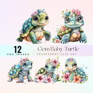 May include: Twelve digital illustrations of baby turtles with gem accents and flower crowns. The turtles are in various poses and have different colored shells and flowers. The illustrations are on a white background.