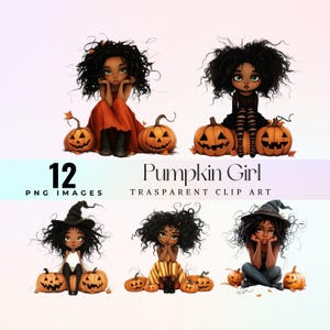 cute pumpkin black girl clip art, watercolor funny Halloween cutie illustration PNG,  cartoon ghostly charm graphic art, trick or treat art