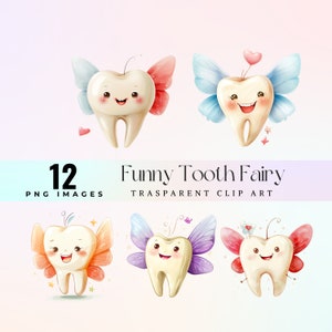 Clipart kawaii fantaisiste de fée des dents, illustration aquarelle de fée des molaires magiques PNG, délicieux dessin animé kawaii dents magiques art graphique