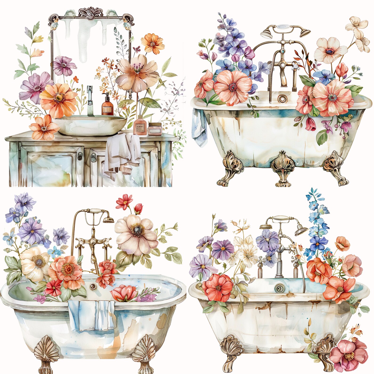 Vintage Bathroom Clip Art, Watercolor Cute Retro Bathroom and Flowers ...