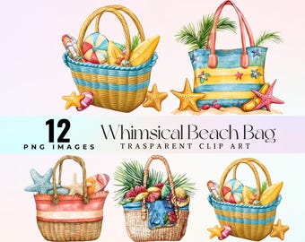 Watercolor Beach Bag Clipart: Summer Tote Illustration (Digital Download PNG)