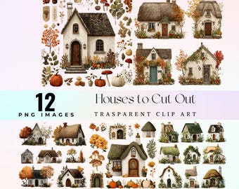 Floral Garden Houses Clipart, Snowy Christmas Houses PNG for Journaling and Craft Projects