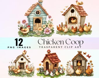 Watercolor Chicken Coop Clipart: Farmhouse Hen House PNG (Digital Download)