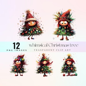 Imágenes prediseñadas de árboles de Navidad extravagantes, ilustración de caricatura de árbol navideño peculiar de acuarela PNG, arte gráfico de plantas festivas geniales de dibujos animados