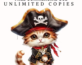 水彩画の海賊猫のクリップアート、面白い航海子猫のイラスト（PNG