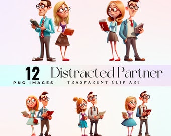 Funny Distracted Couples Watercolor Clipart: Witty PNG Duo Artwork