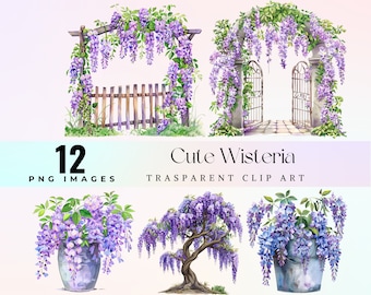 Watercolor Wisteria Flowers Clip Art, Purple Bouquets (PNG, Digital Download)