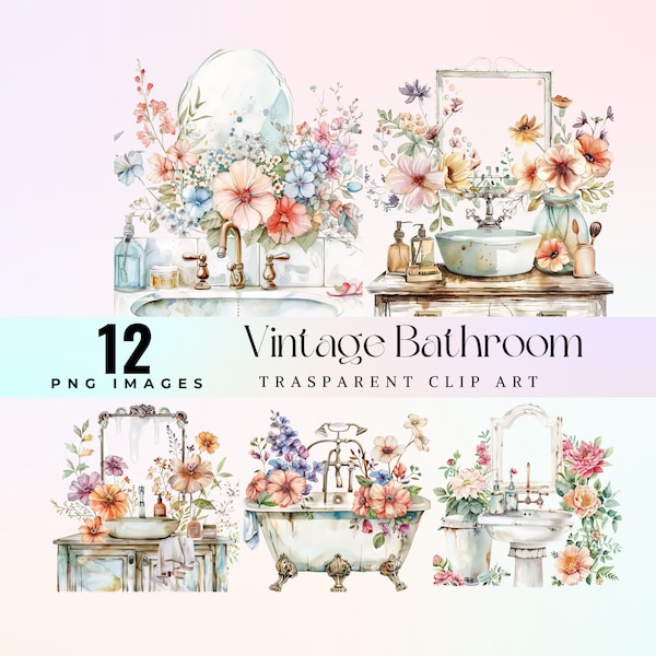 Vintage Bathroom clip art, watercolor cute retro bathroom and flowers illustration PNG, cartoon floral shabby chic bathtub, old bath art