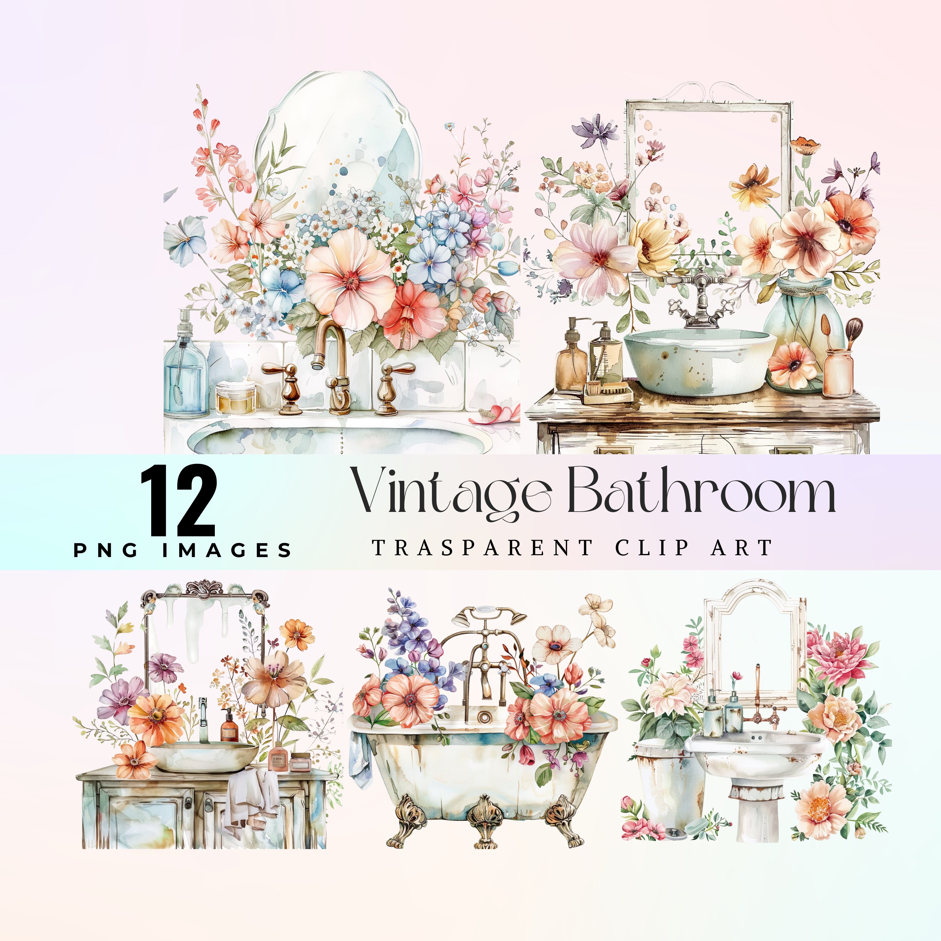 Vintage Bathroom Clip Art, Watercolor Cute Retro Bathroom and Flowers ...