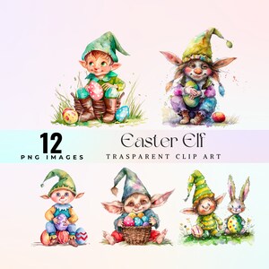 May include: A collection of watercolour illustrations featuring Easter elves and a bunny, all with colourful eggs. The image includes the text "12 PNG Images" and "Easter Elf Transparent Clip Art". The elves wear hats.