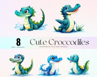 Cute crocodiles cartoon clip art, watercolor green  baby gator illustration PNG, funny crocodiles graphics digital printable clip art