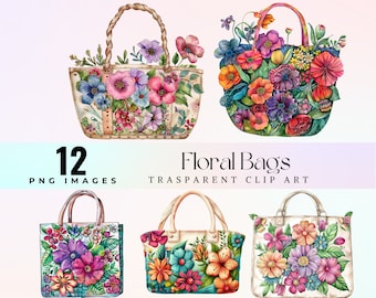 Watercolor Floral Bag Clipart: Tote Illustration PNG (Digital Download)