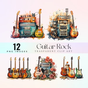 Guitar rock clip art, watercolor electric guitar painting PNG, rock music images, guitars and amplifiers image, digital download png