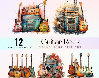 Guitar rock clip art, watercolor electric guitar painting PNG, rock music images, guitars and amplifiers image, digital download png