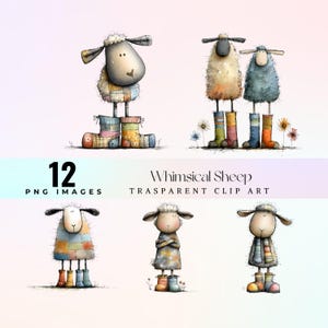 Könnte beinhalten: Clip-Art-Set mit 12 PNG-Bildern von skurrilen Schaf-Illustrationen. Die Schafe sind mit flauschiger Wolle und bunten Gummistiefeln dargestellt. Die Bilder haben transparente Hintergründe und eignen sich für verschiedene kreative Projekte.
