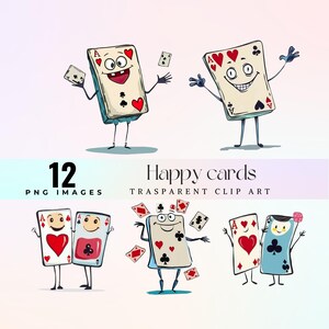 Clip art engraçado de cartas de baralho, ilustração divertida de baralho em aquarela PNG, arte gráfica de cartas de desenho animado legal 300 DPI, arte de baralho boba