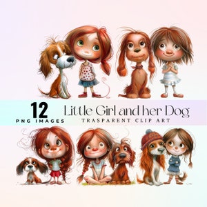 carina bambina e il suo cane clip art, illustrazione PNG dell'acquerello adorabile cucciolo di ragazza, dolce arte grafica per la gioia dell'animale domestico del bambino, arte gioiosa del cucciolo di bambino