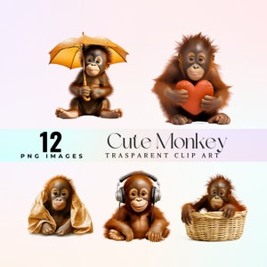 Könnte beinhalten: Ein Set mit 12 digitalen Clipart-Bildern mit niedlichen Orang-Utan-Affen in verschiedenen Posen. Die Affen halten einen Regenschirm, ein Herz, eine braune Papiertüte, Kopfhörer und sitzen in einem Weidenkorb.